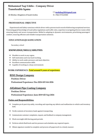 Dammam, Job Seekers, Light Driver - Experienced 9 Years (looking For A Job)