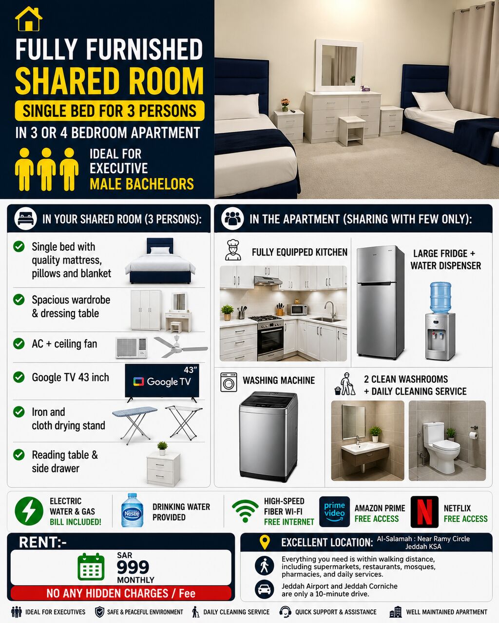 Jeddah, Rooms for Rent, SAR 999/month,  Furnished,  Room Only For Executive Bachelor On Monthly Including All Bills..