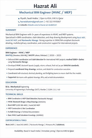 Riyadh, Job Seekers, Mechanical BIM Engineer