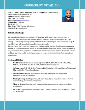 Riyadh, Job Seekers, Looking For A Job As A Civil QC Inspector / QC Engineer