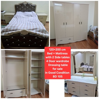 Manama, Furniture, BHD 105,  ✅️ 120?200 Bed With Mattress 4 Door Wardrobe Dresser 2 Side Table 4 Sale With Delivery