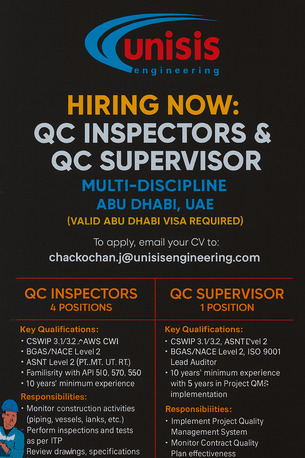 Abu Dhabi, Jobs, QC Inspectors & QC Supervisor (Multi-discipline)Valid Abu Dhabi Visa Required -  Abu Dhabi