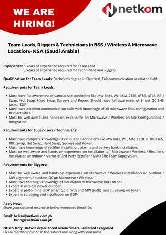 Riyadh, Jobs, Team Leads, Riggers & Technicians In BSS / Wireless & MW  Bangladeshi, Sudanese, Srilankan
