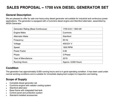 Riyadh, Industrial Machinery, SAR 450000,  1700KVA Heavy Industrial Generator For Sale OR Rental - Brand: Cummins