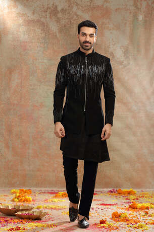Ahmedabad, Clothing & Accessories, INR 59000,  Black Suiting Indo Set With Cutdana & Sequins