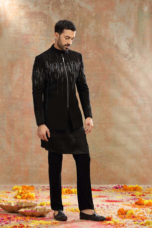 Ahmedabad, Clothing & Accessories, INR 59000,  Black Suiting Indo Set With Cutdana & Sequins