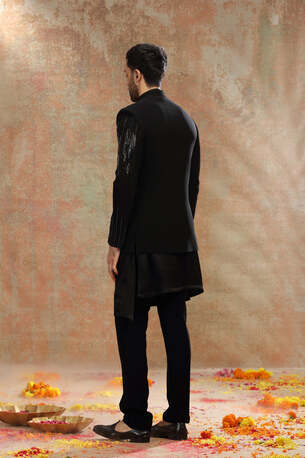 Ahmedabad, Clothing & Accessories, INR 59000,  Black Suiting Indo Set With Cutdana & Sequins