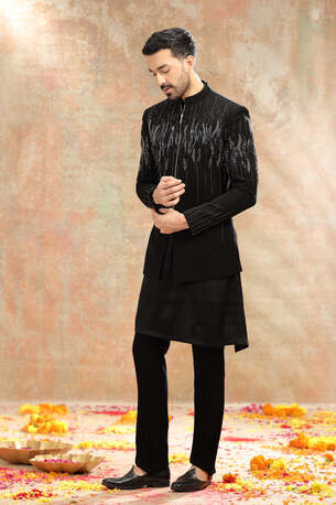 Ahmedabad, Clothing & Accessories, INR 59000,  Black Suiting Indo Set With Cutdana & Sequins