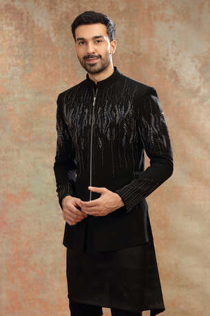 Ahmedabad, Clothing & Accessories, INR 59000,  Black Suiting Indo Set With Cutdana & Sequins