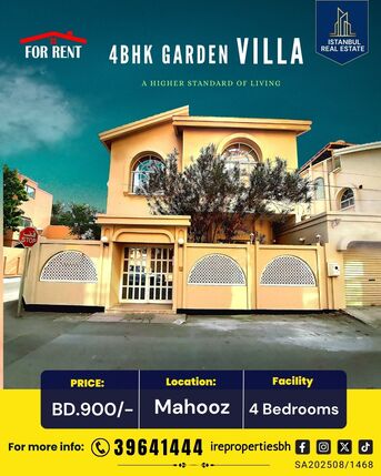 Mahooz, Villas, BHD 900,  400 Sq. Meter,  4 BHK Garden Villa For Rent In Mahooz Prime Location- BD 900/-