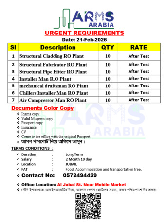 Jubail, Jobs, Structural Cladding RO Plant   Structural Fabricator RO Plant   Structural Pipe Fitter RO