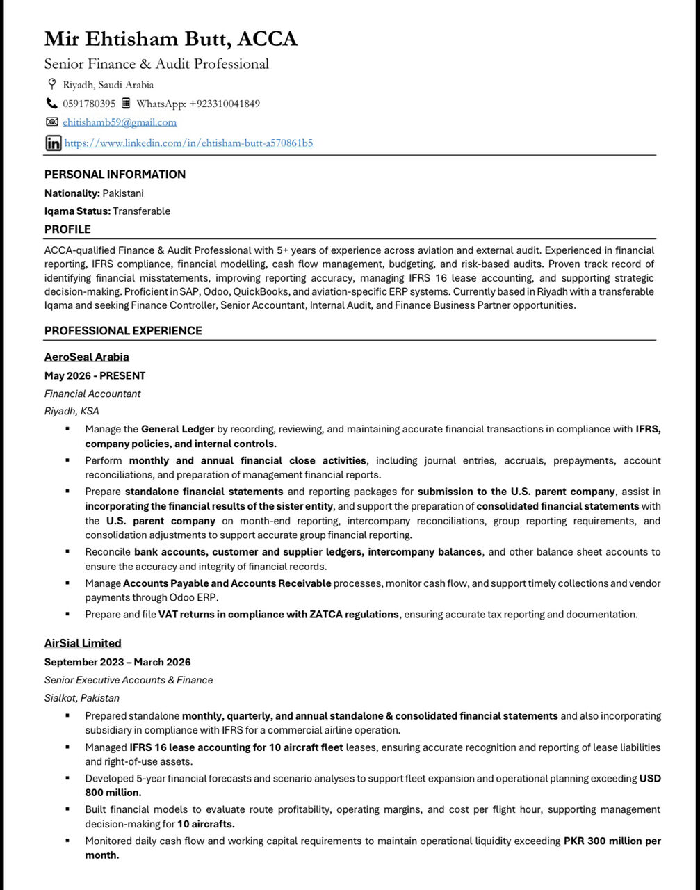 Olaya, Job Seekers, Senior Accountant / Senior Finance Executive / محاسب / محاسب عام /  كبير المحاسبين