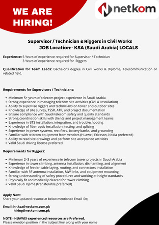 Riyadh, Jobs, Urgent Hiring &ndash; Telecom Riggers, Technicians & Supervisors (Saudi Arabia Projects) | Exper