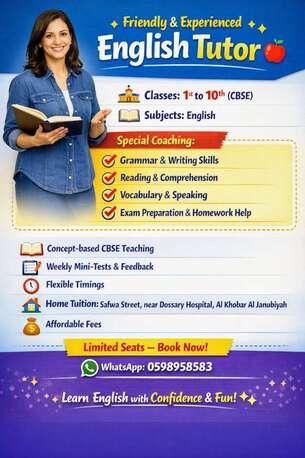 Khobar, Lessons Offered, English Tutor Classes 1st To 10th CBSE