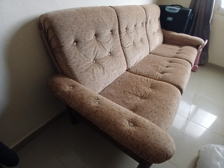 Madinat Al Ummal, Furniture, SAR 200,  3 Seater Sofa For Sale, Wooden Body, Coffee Brown Coloured.