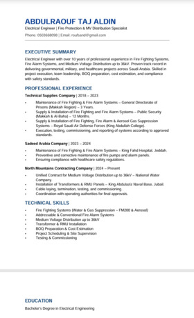 Jubail, Job Seekers, Electrical Engineer Specialized In Fire Fighting And Fire Alarm Systems