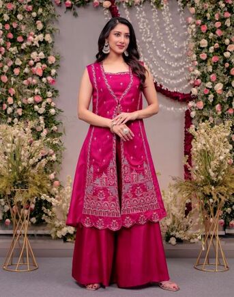 Ahmedabad, Clothing & Accessories, INR 5690,  Fuchsia Silk Anarkali Suit With Detailed Yoke Embroidery