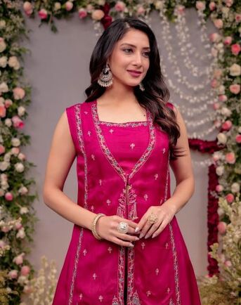 Ahmedabad, Clothing & Accessories, INR 5690,  Fuchsia Silk Anarkali Suit With Detailed Yoke Embroidery