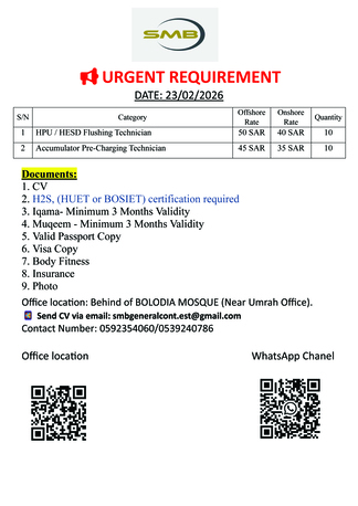 Jubail, Jobs, We Are Looking To Hire Offshore Activities For An Aramco Project.