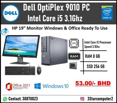 Manama, Computers, BHD 53,  Dell Core I5 3.1Ghz 8GB RAM 256GB SSD 19" Monitor Computer Set SSD 10x Fast Ready To Use