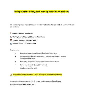 Khobar, Jobs, Hiring: Warehouse Logistics Admin (Inbound & Outbound)