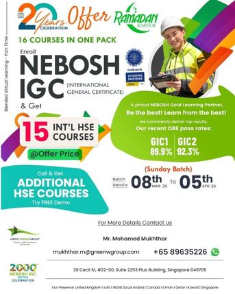 Bukit Timah, Lessons Offered, NEBOSH IGC Training In Singapore | Green World Group