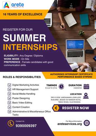 Vijayawada, Training, Summer Internship Program 2026 &ndash; Register Now | Arete IT Services Pvt. Ltd.