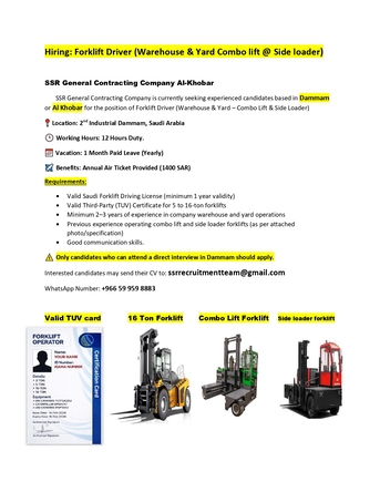 Khobar, Jobs, Hiring: Forklift Driver (Warehouse & Yard Combo Lift @ Side Loader)