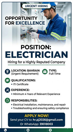 Manama, Jobs, ELECTRICIAN With ITI Certificate