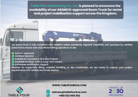 Jubail, Construction, ARAMCO APPROVED BOOM TRUCK WITH CERTIFIED OPERATOR &ndash; AVAILABLE FOR RENT