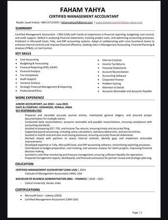 Riyadh, Job Seekers, CMA Qualified Accountant Seeking Job &ndash; Riyadh (Transferable Iqama)