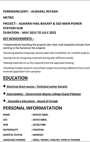 Dammam, Job Seekers, Electrical Foreman/supervisor