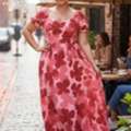 INR 2199,  Nanglia Ruchira Plus Size Women&rsquo;s Pink Floral Maxi Dress &ndash; Romantic Puff Sleeve