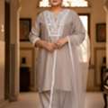 INR 3199,  Nanglia Ruchira Plus Size Women&rsquo;s Grey Mirror Work Silk Kurta Set