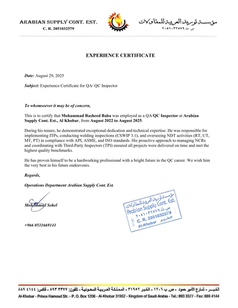 Khobar, Job Seekers, Experienced CSWIP 3.1 Welding Inspector With Transferable Iqama