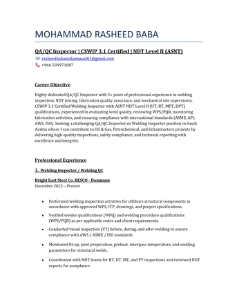 Khobar, Job Seekers, Experienced CSWIP 3.1 Welding Inspector With Transferable Iqama