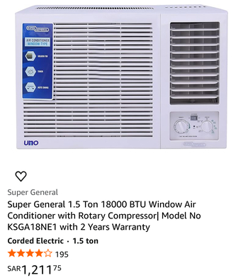 Riyadh, Air Conditioners, SAR 950950,  TWO Window A/C Super General 1.5 Ton. With One Year Warranty. Used Only For 6months.