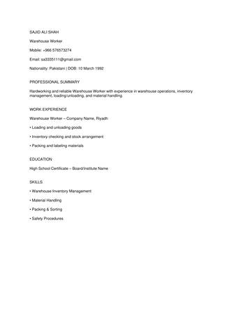 Riyadh, Job Seekers, Wrarhouse Worker