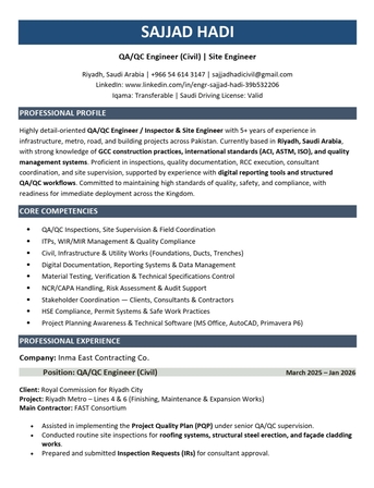 Al Arid, Job Seekers, QA/QC Engineer (Civil) &ndash; Riyadh &ndash; Transferable Iqama