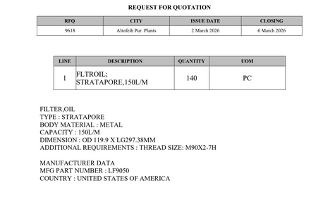 Dammam, Items Wanted, Oil Filter (Stratapore, Metal Body, 150L/M Capacity)