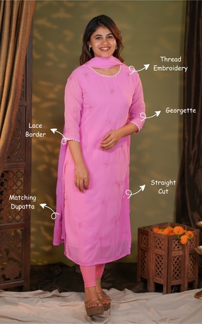 Chennai, Clothing & Accessories, INR 872,  Floral Embroidery Kurti Set For Women | Georgette Pink | Instore