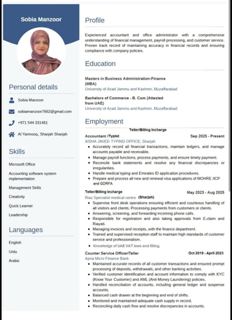 Sharjah, Job Seekers, Cashier/Biller/Teller