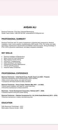 Riyadh, Job Seekers, Electrical Technician For Industrial & Manufacturing Plants / Oil & Gais&ndash; 12+ Years Exp