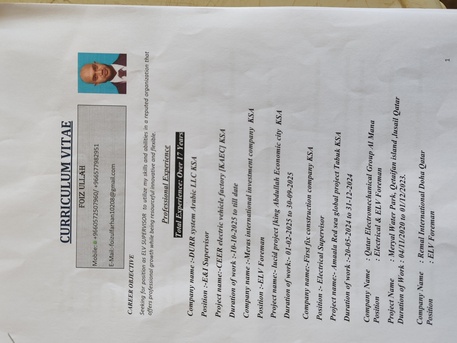 Riyadh, Job Seekers, Looking For Electrical Supervisor /Foreman Job