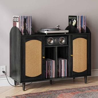 New York, Business, Rattan Door Record Player Stand | Belleze Furniture