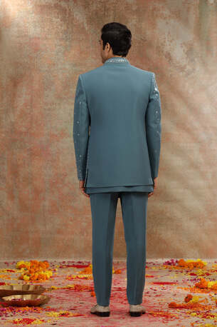 Ahmedabad, Clothing & Accessories, INR 19999,  Teal Blue Suiting Indo Set With Mirror Cutdana