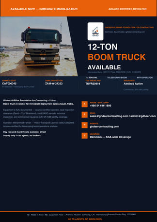 Dammam, Job Seekers, Boom Truck Available For Rental &ndash; 7 Days Mobilization | Ghdeer Contracting