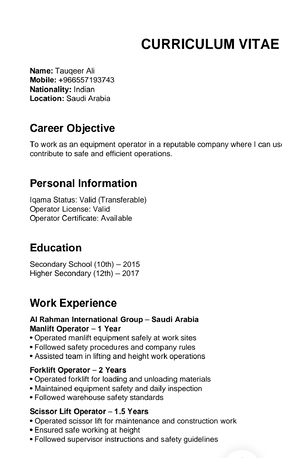 Dammam, Job Seekers, Manlift Operator. Forklift Operator. Scissor Lift Operator