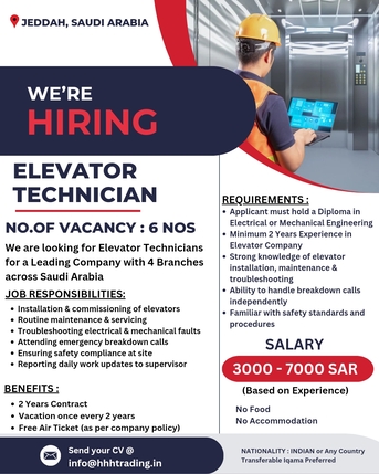 Jeddah, Jobs, Hiring Elevator Technician