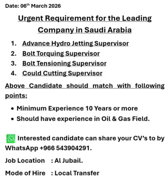 Jubail, Jobs, Advance Hydro Jetting , Bolt Torquing , Bolt Tensioning , Could Cutting